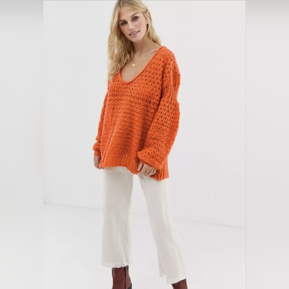 FREE PEOPLE Size M Crashing Waves Orange Open Knit Sweater Plunging Neckline - Picture 9 of 9